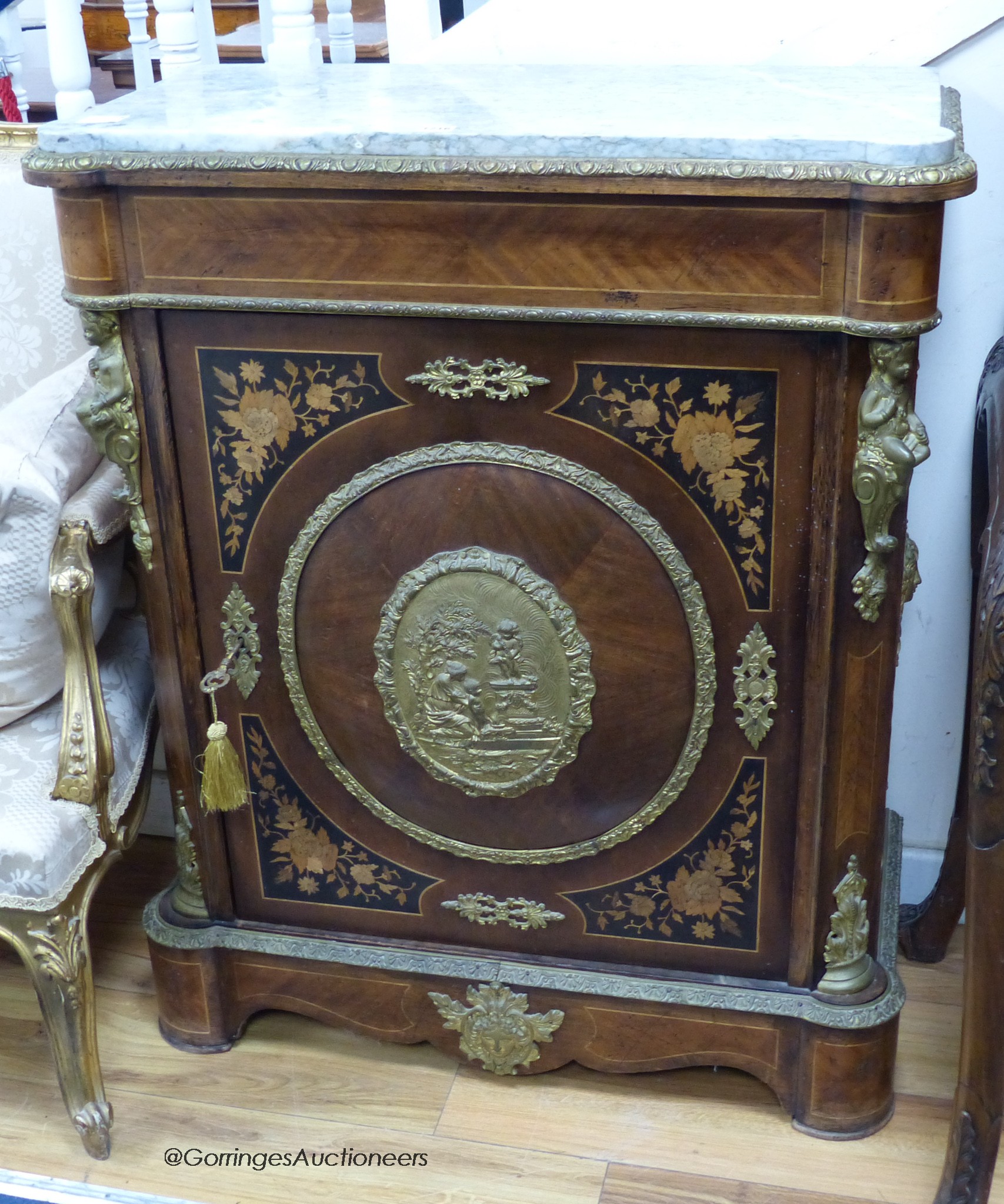 A Louis XVI style marquetry inlaid walnut, marble topped pier cabinet, width 84cm, depth 40cm, height 103cm